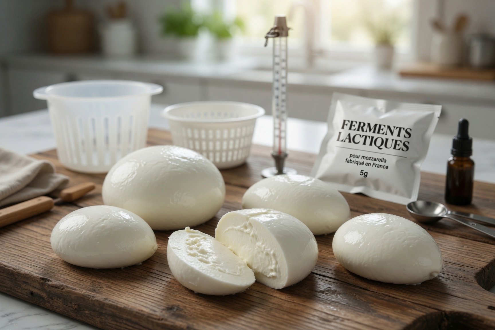 Boule de mozzarella maison fraîchement étirée, posée sur une planche en bois